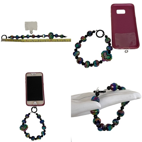 Iridescent Purple & Green Heart Large Beaded Charm Phone Accessory Wristlet - Picture 3 of 12